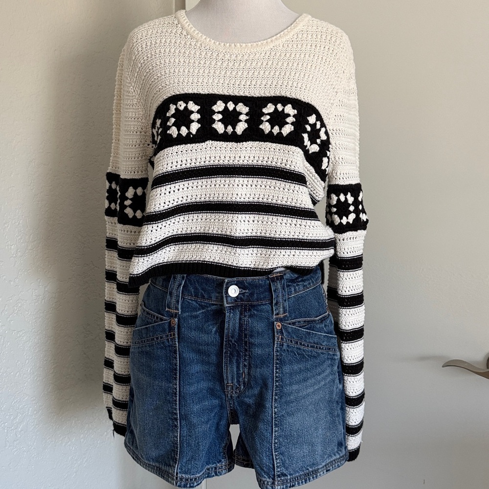 Black and White Striped Crochet Sweater